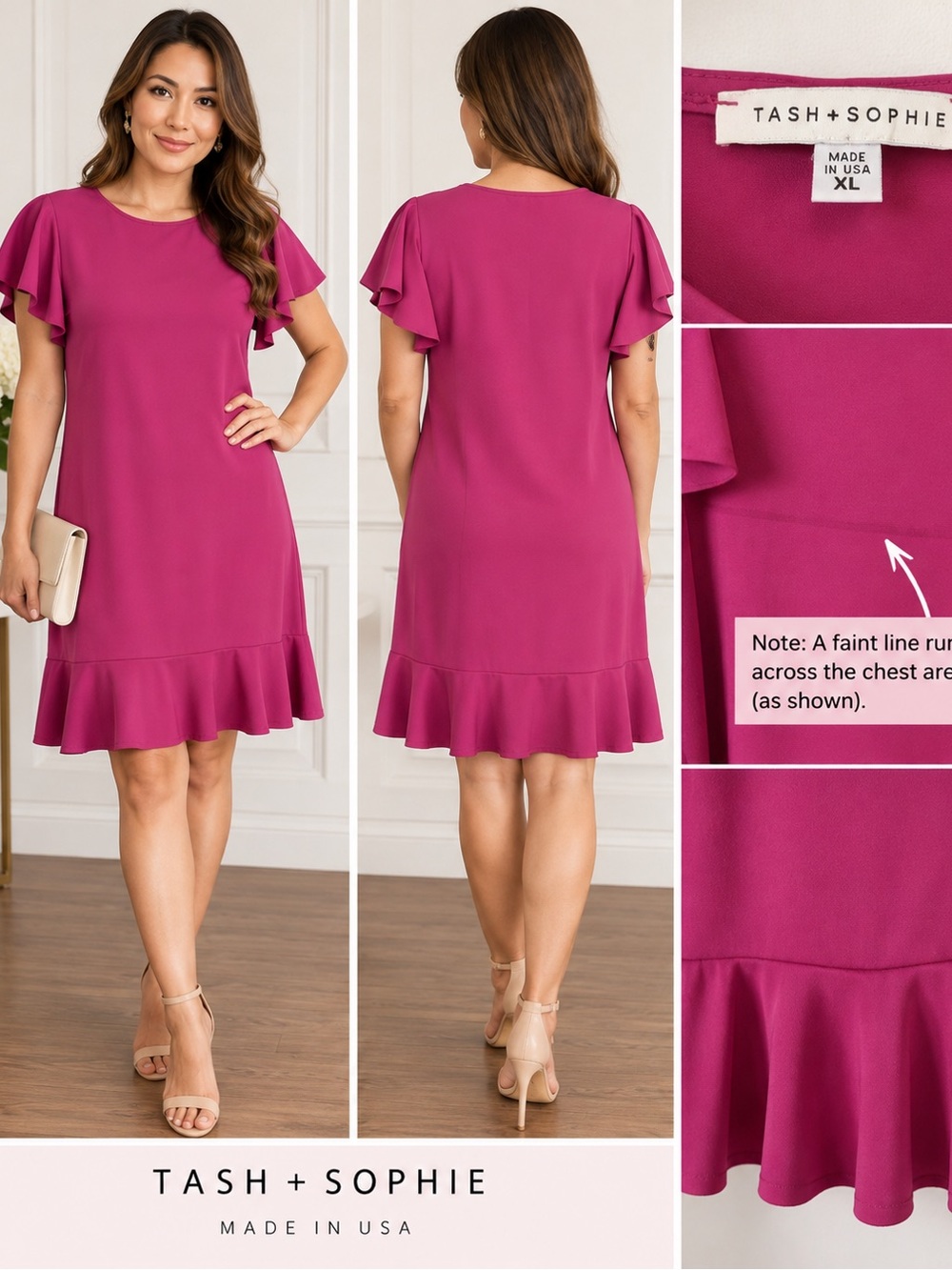 💕 NWT Tash + Sophie Magenta/Fuchsia Dress – Size XL Ruffle-Hem Midi Dress